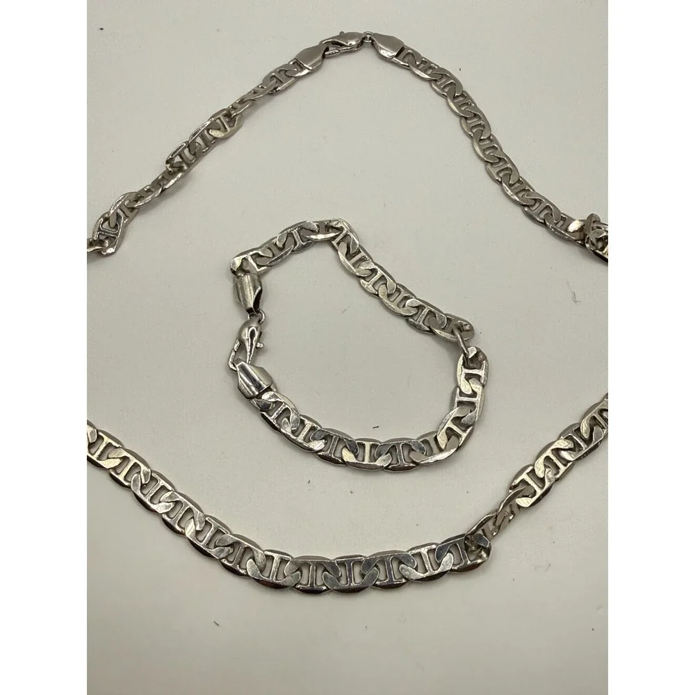 Mens Silver-Tone Chain Necklace‎ & Bracelet Set Figaro Style
